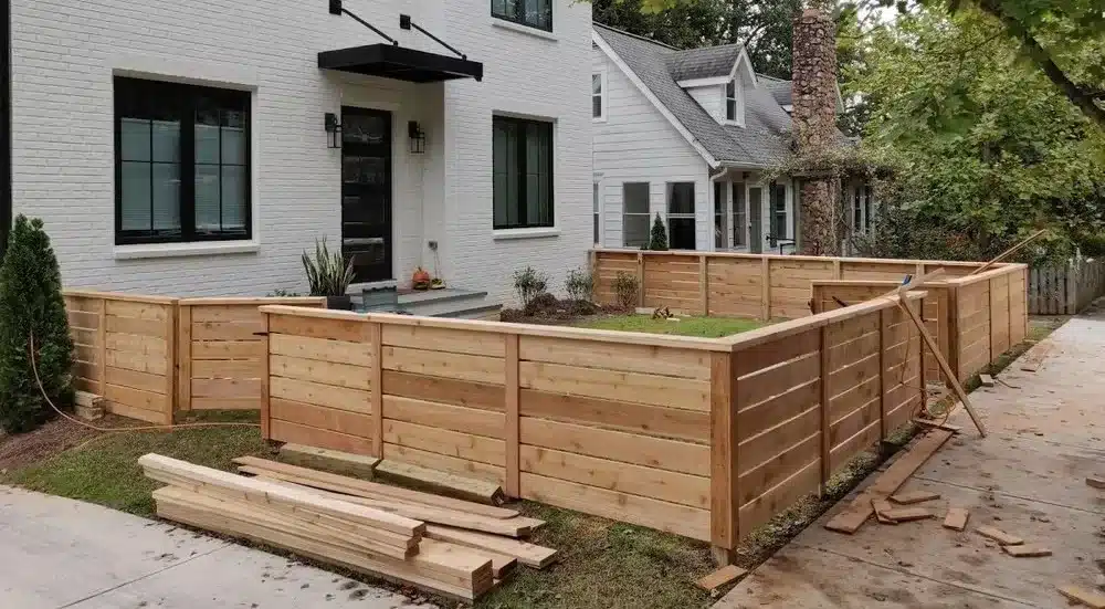 Mixed-material residential fence with contractor tools, representing different fence installation cost per foot options.