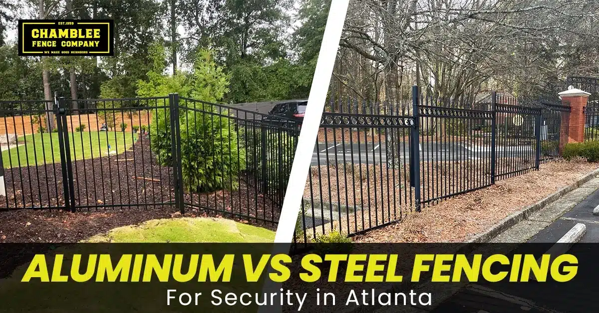 Side-by-side comparison of aluminum and steel security fencing installed on Atlanta properties, showing differences in picket design, strength, and perimeter security.