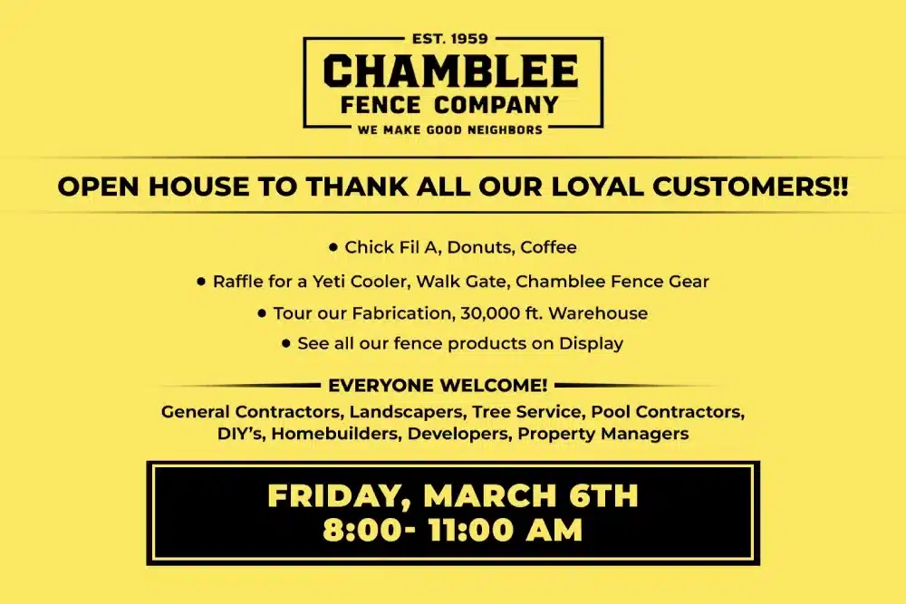 Chamblee Fence Company open house event inviting customers and contractors to tour the warehouse in Atlanta, Georgia